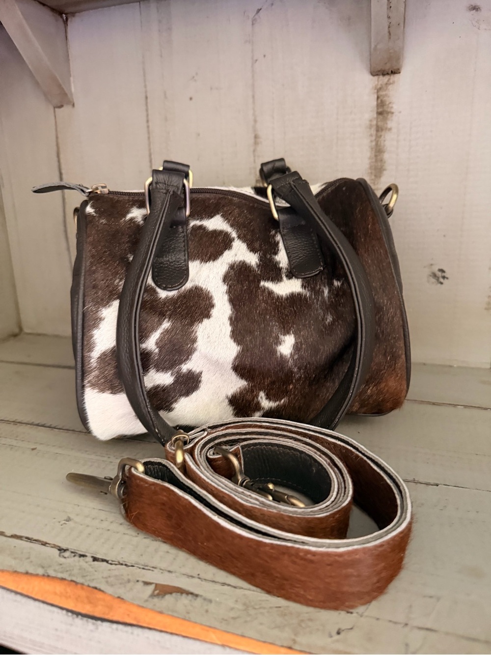 Brown and White genuine Cowhide and leather Speedy style Handbag